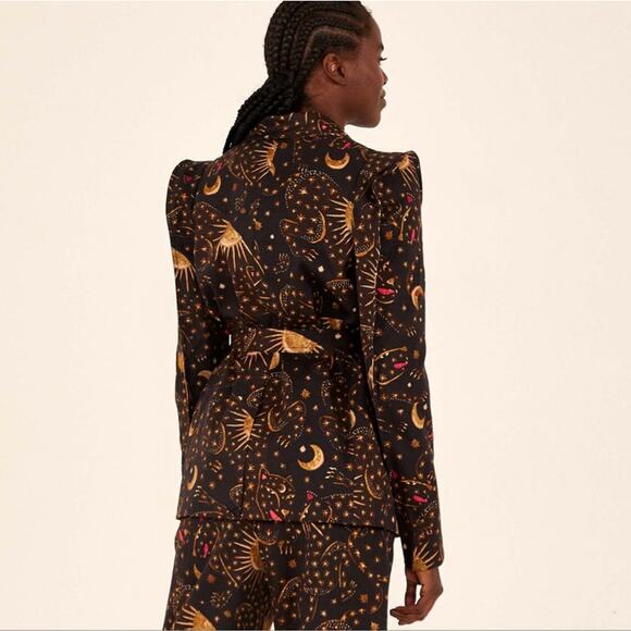 Farm Rio Leopard Sky Celestial Puff Sleeve Belted Blazer brown Jacket size large - Picture 3 of 9